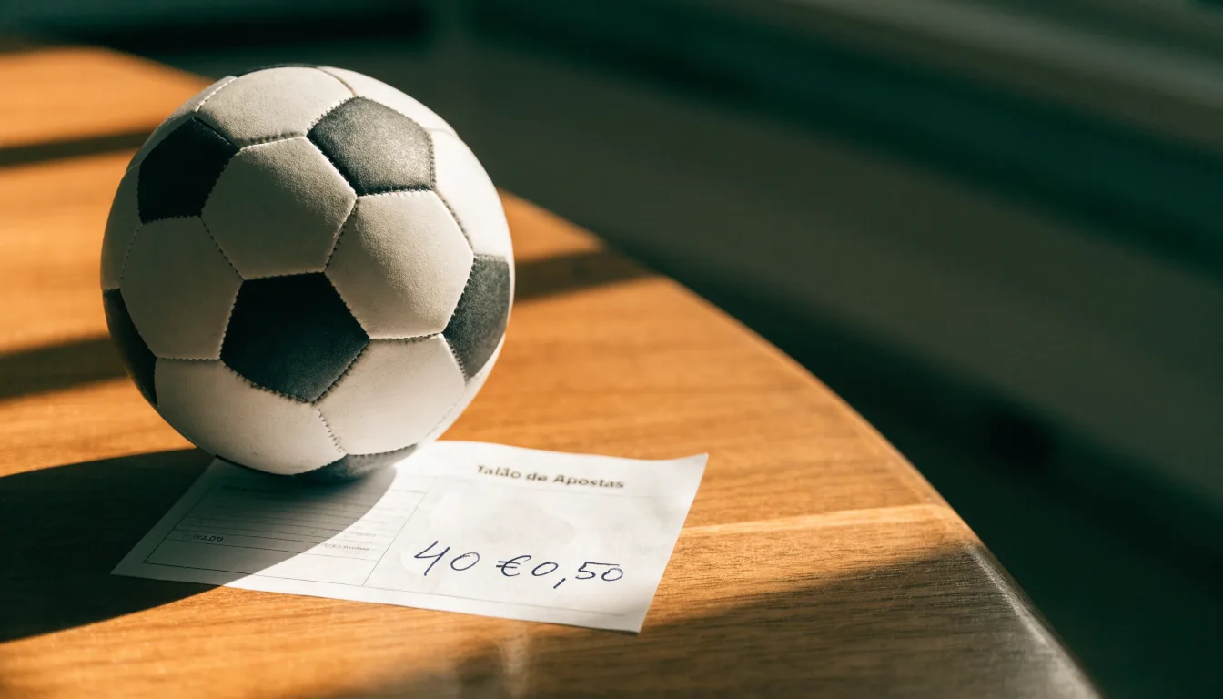Uma bola de futebol pousada sobre um talão de apostas em branco numa mesa de madeira, à luz do dia