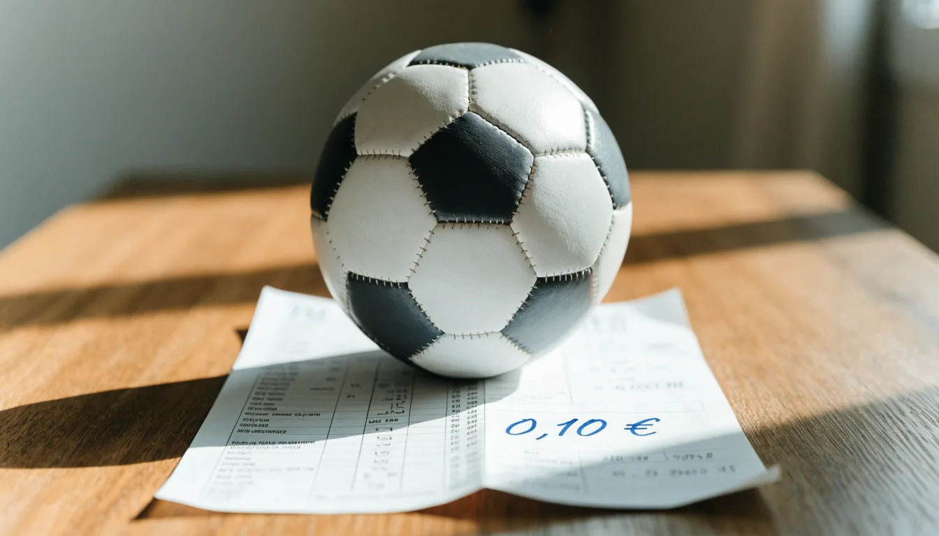 Uma bola de futebol pousada sobre um talão de apostas em branco numa mesa de madeira, à luz do dia