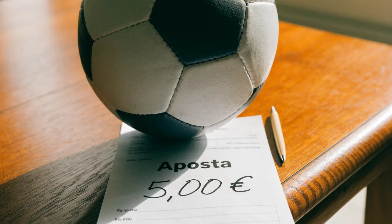 Uma bola de futebol pousada sobre um talão de apostas em branco numa mesa de madeira, à luz do dia