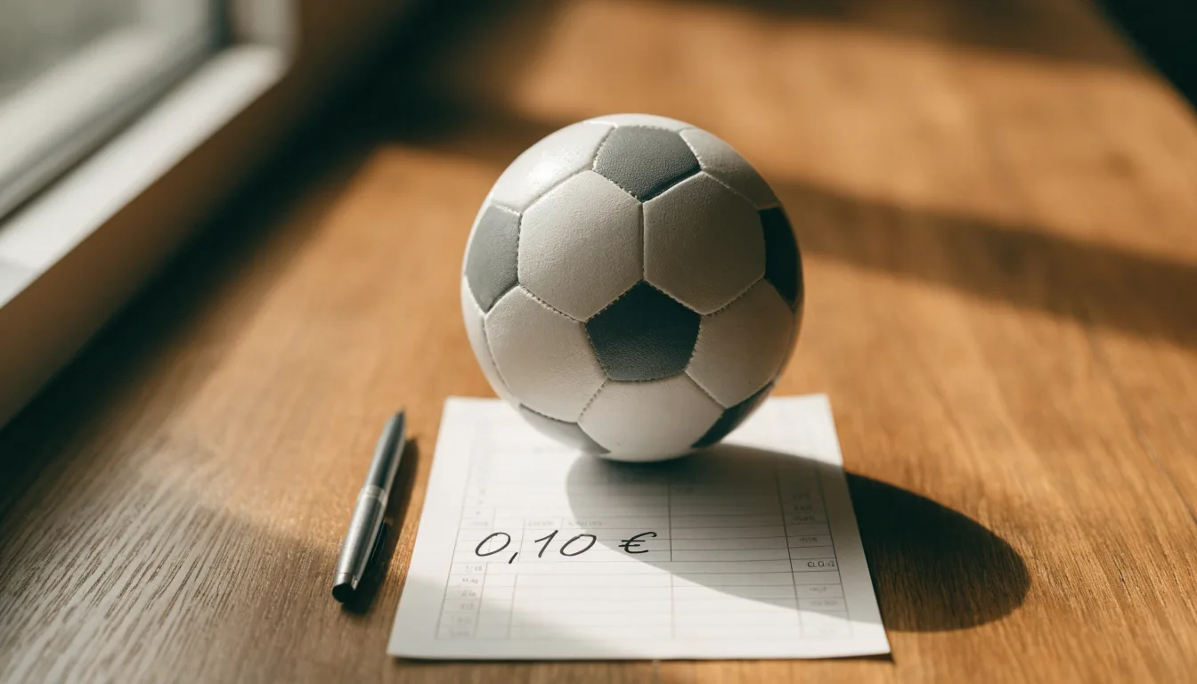Uma bola de futebol pousada sobre um talão de apostas em branco numa mesa de madeira, à luz do dia