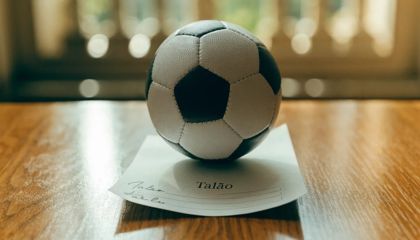 Uma bola de futebol pousada sobre um talão de apostas em branco numa mesa de madeira, à luz do dia