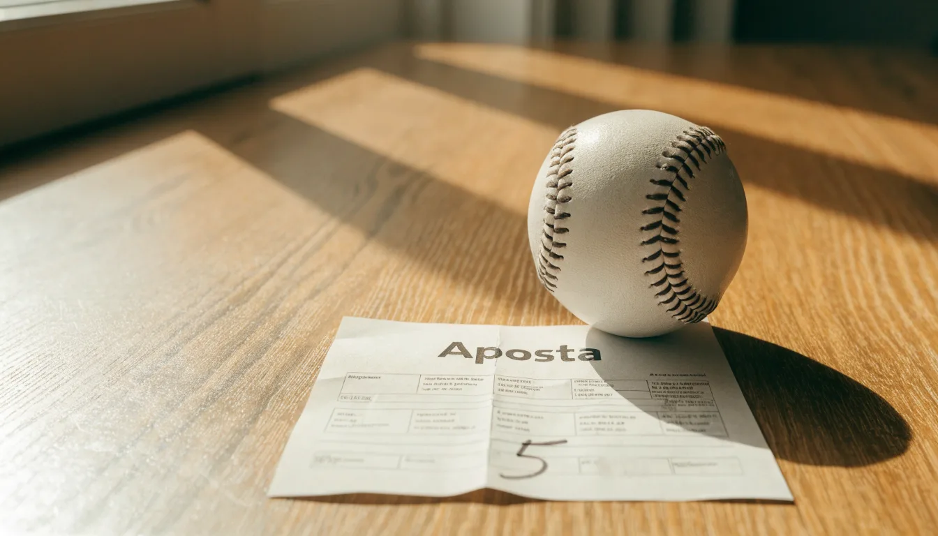 Uma bola de futebol pousada sobre um talão de apostas em branco numa mesa de madeira, à luz do dia