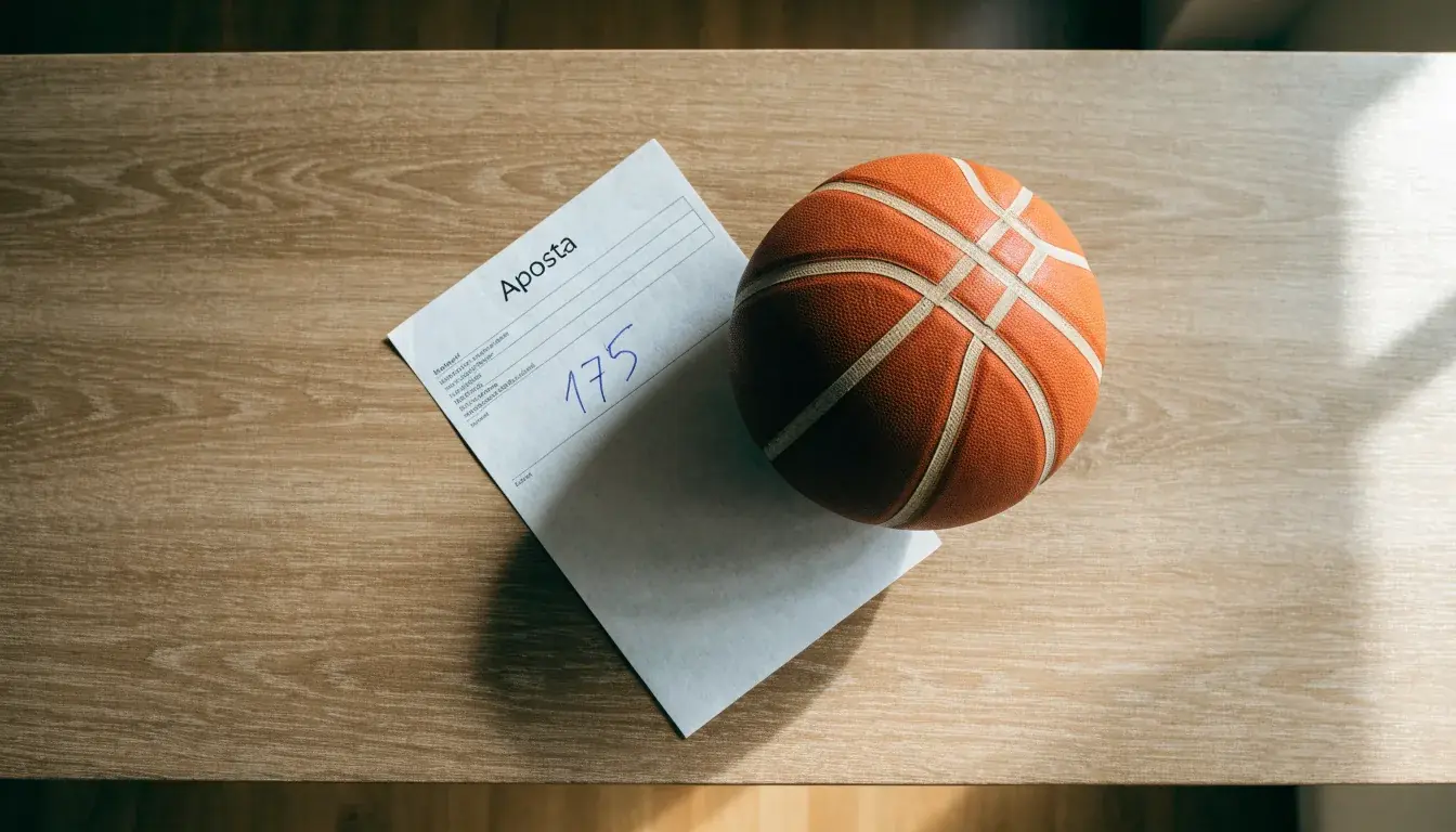 Uma bola de futebol pousada sobre um talão de apostas em branco numa mesa de madeira, à luz do dia