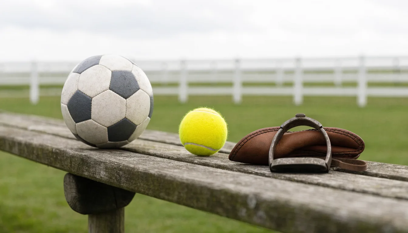 Três bolas de desportos diferentes alinhadas lado a lado num banco de madeira