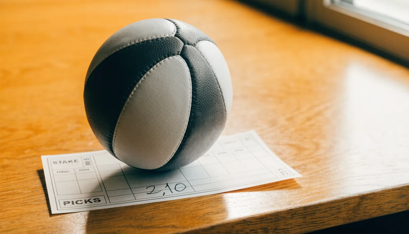 Uma bola de futebol pousada sobre um talão de apostas em branco numa mesa de madeira, à luz do dia