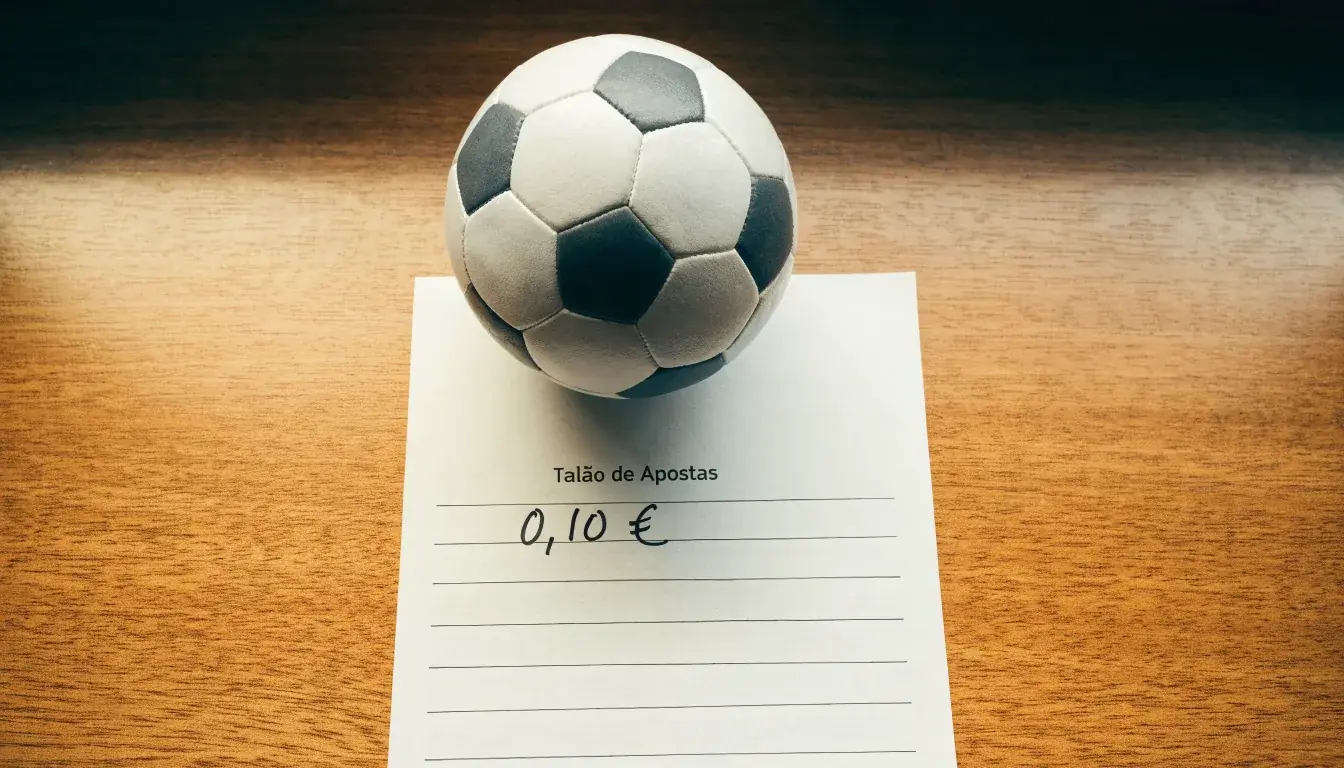 Uma bola de futebol pousada sobre um talão de apostas em branco numa mesa de madeira, à luz do dia