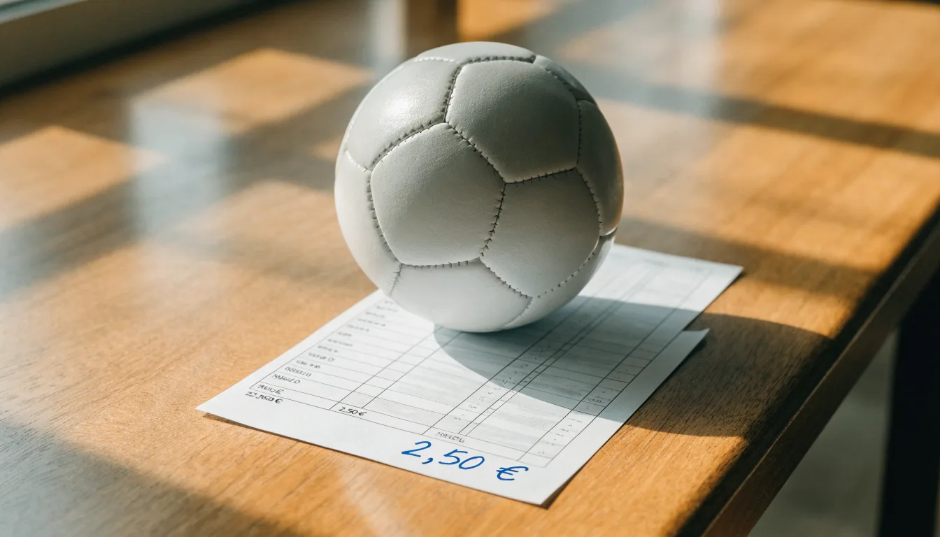 Uma bola de futebol pousada sobre um talão de apostas em branco numa mesa de madeira, à luz do dia