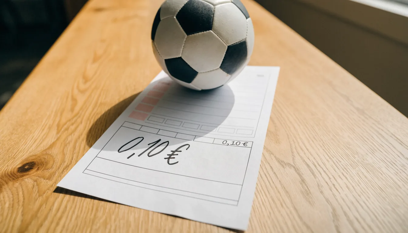 Uma bola de futebol pousada sobre um talão de apostas em branco numa mesa de madeira, à luz do dia