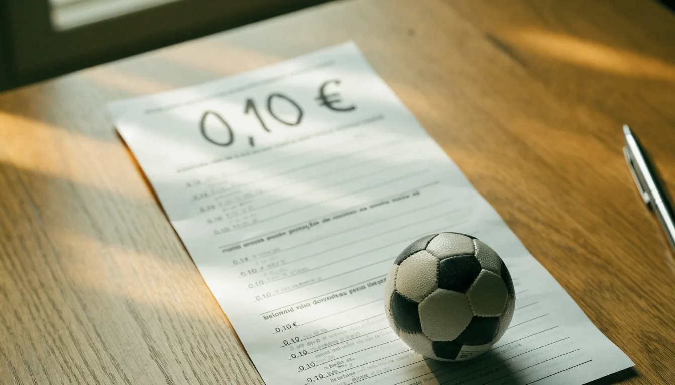 Uma bola de futebol pousada sobre um talão de apostas em branco numa mesa de madeira, à luz do dia