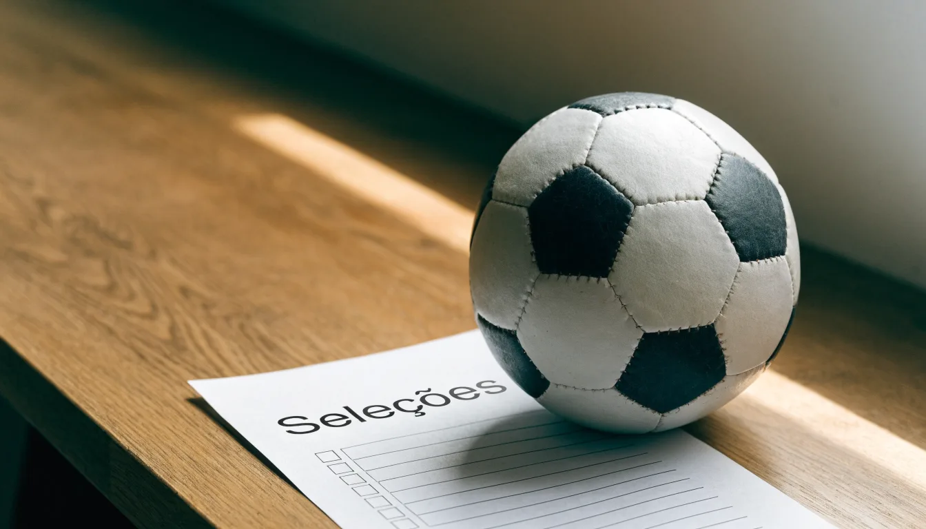 Uma bola de futebol pousada sobre um talão de apostas em branco numa mesa de madeira, à luz do dia