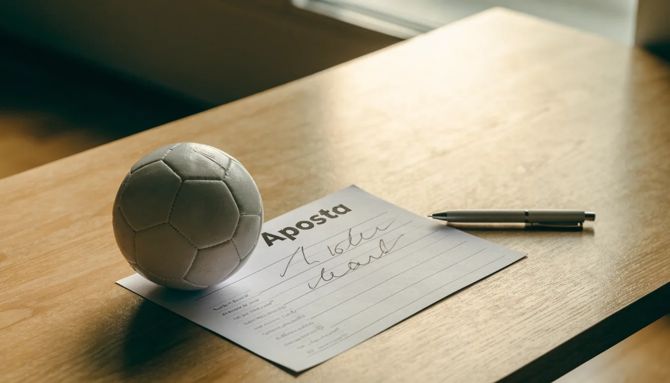 Uma bola de futebol pousada sobre um talão de apostas em branco numa mesa de madeira, à luz do dia