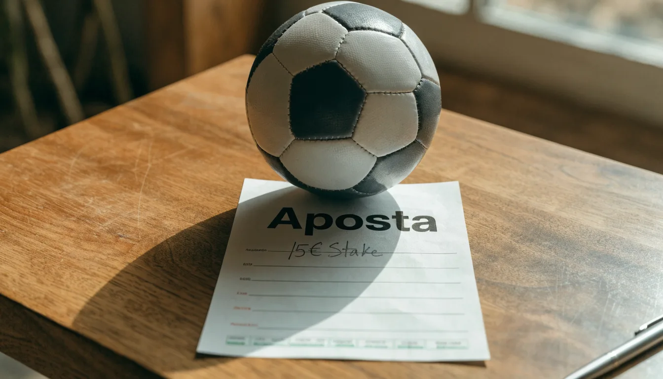 Uma bola de futebol pousada sobre um talão de apostas em branco numa mesa de madeira, à luz do dia