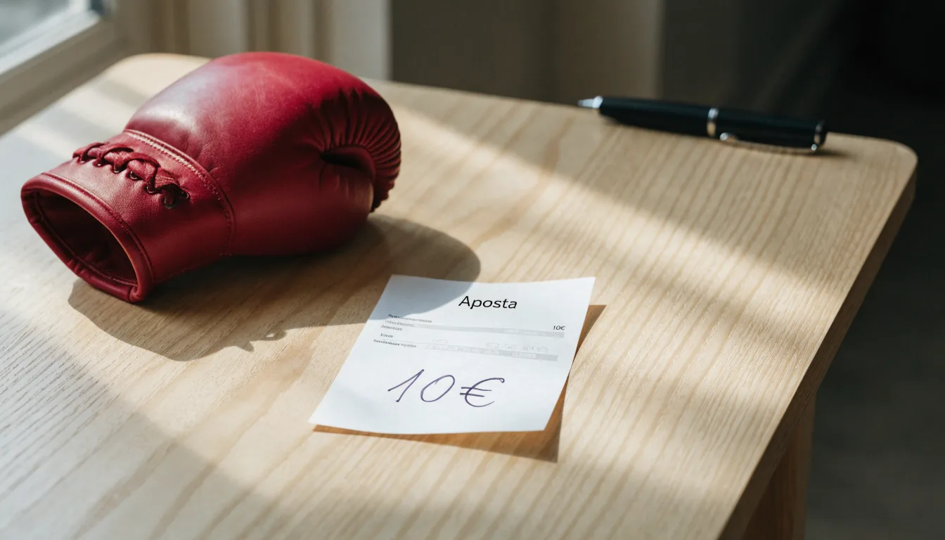 Uma bola de futebol pousada sobre um talão de apostas em branco numa mesa de madeira, à luz do dia