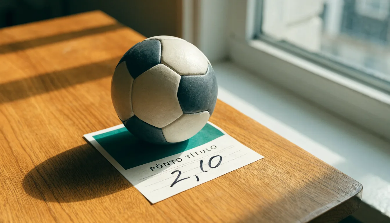 Uma bola de futebol pousada sobre um talão de apostas em branco numa mesa de madeira, à luz do dia