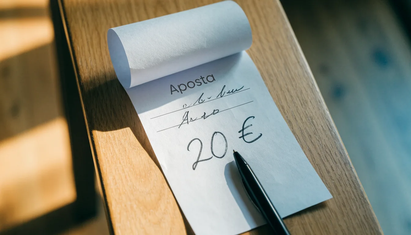 Uma bola de futebol pousada sobre um talão de apostas em branco numa mesa de madeira, à luz do dia