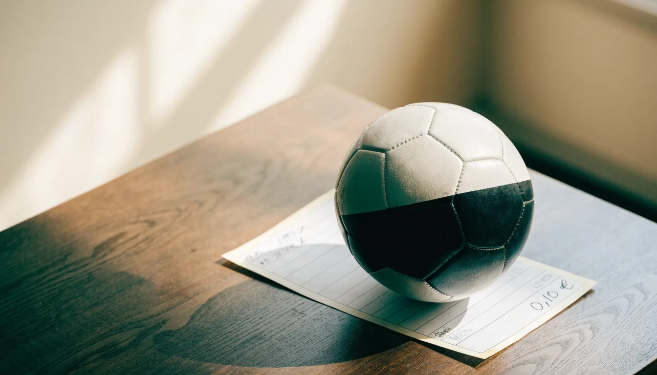 Uma bola de futebol pousada sobre um talão de apostas em branco numa mesa de madeira, à luz do dia