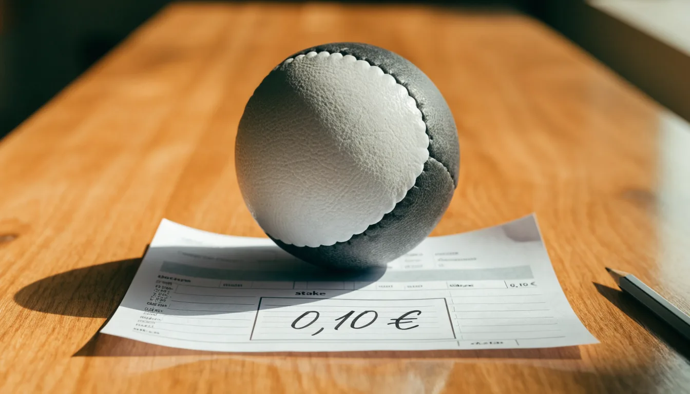 Uma bola de futebol pousada sobre um talão de apostas em branco numa mesa de madeira, à luz do dia