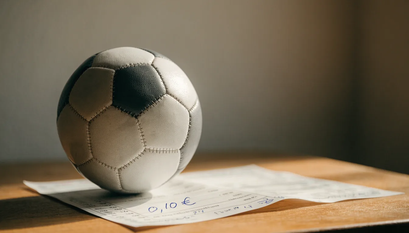 Uma bola de futebol pousada sobre um talão de apostas em branco numa mesa de madeira, à luz do dia