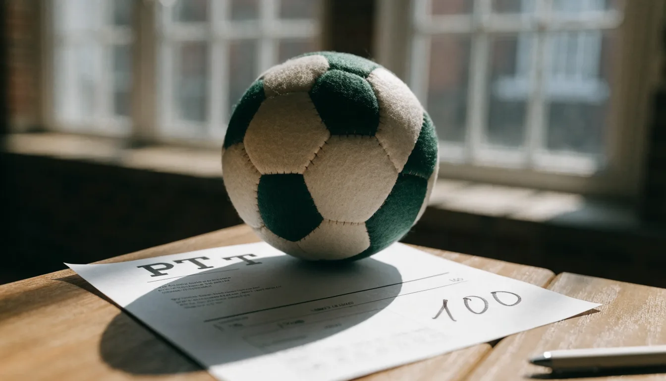 Uma bola de futebol pousada sobre um talão de apostas em branco numa mesa de madeira, à luz do dia