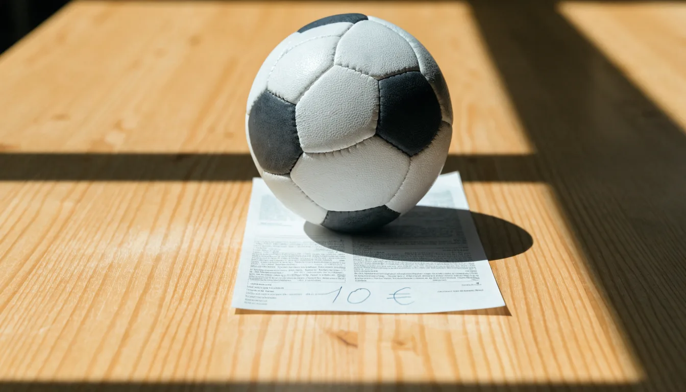 Uma bola de futebol pousada sobre um talão de apostas em branco numa mesa de madeira, à luz do dia