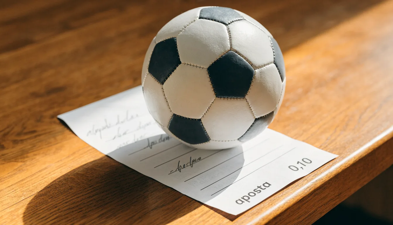 Uma bola de futebol pousada sobre um talão de apostas em branco numa mesa de madeira, à luz do dia