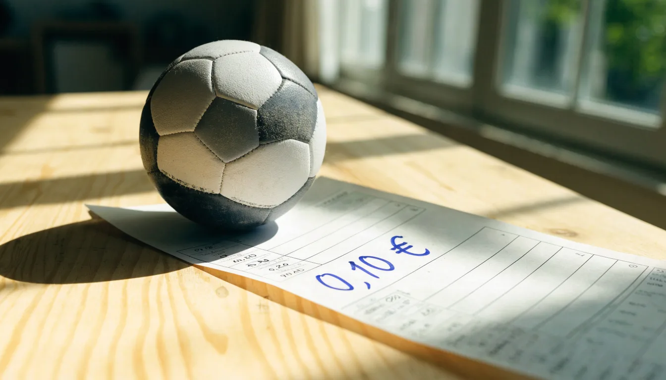 Uma bola de futebol pousada sobre um talão de apostas em branco numa mesa de madeira, à luz do dia