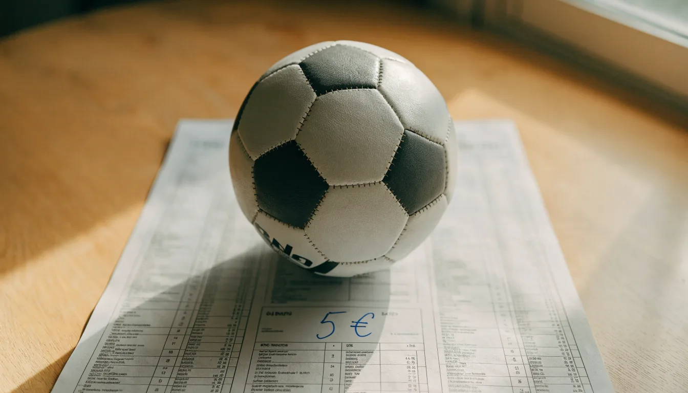 Uma bola de futebol pousada sobre um talão de apostas em branco numa mesa de madeira, à luz do dia