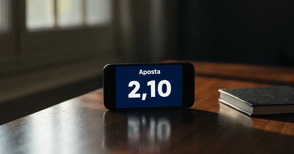 Uma moeda física de bitcoin ao lado de um telemóvel com um talão de aposta no ecrã, sobre uma mesa escura