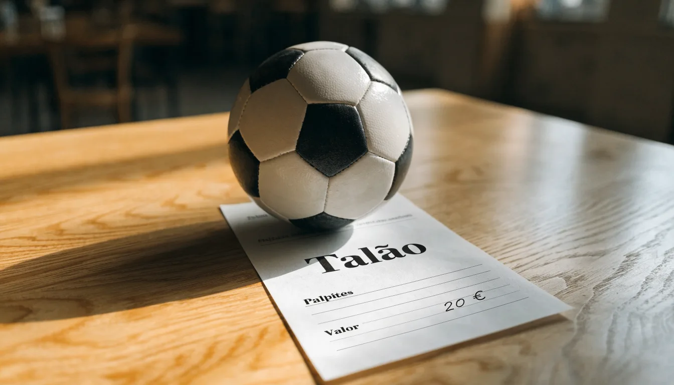 Uma bola de futebol pousada sobre um talão de apostas em branco numa mesa de madeira, à luz do dia