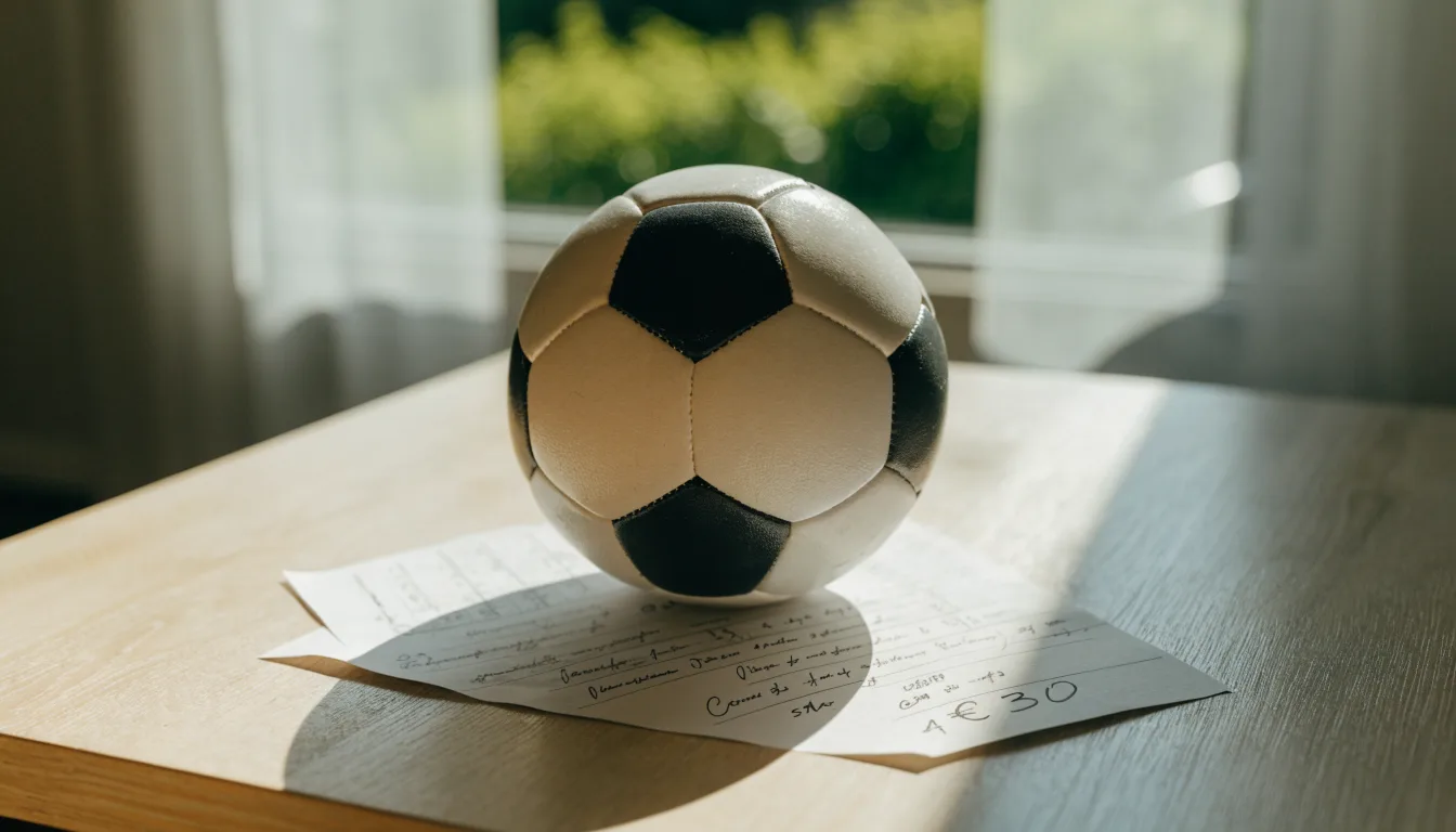 Uma bola de futebol pousada sobre um talão de apostas em branco numa mesa de madeira, à luz do dia