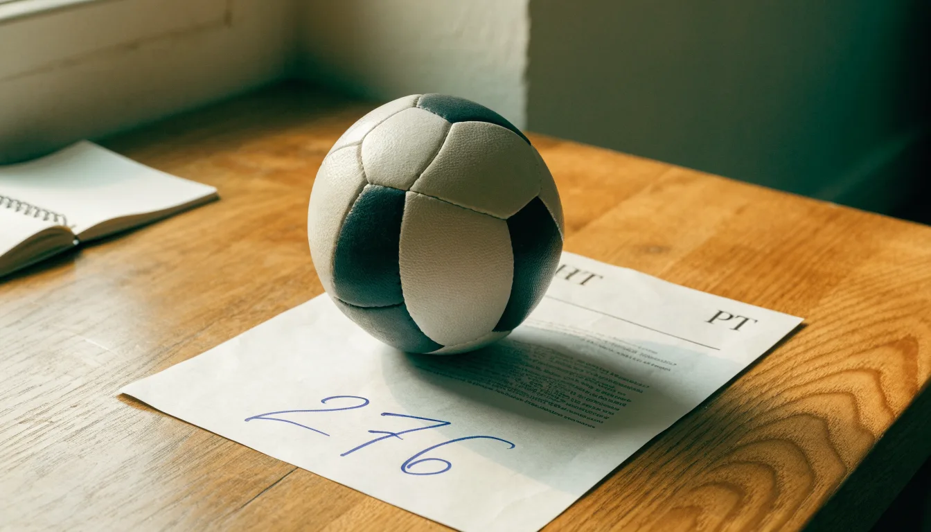 Uma bola de futebol pousada sobre um talão de apostas em branco numa mesa de madeira, à luz do dia