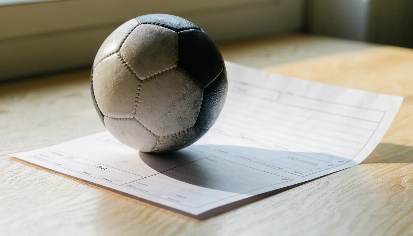 Uma bola de futebol pousada sobre um talão de apostas em branco numa mesa de madeira, à luz do dia