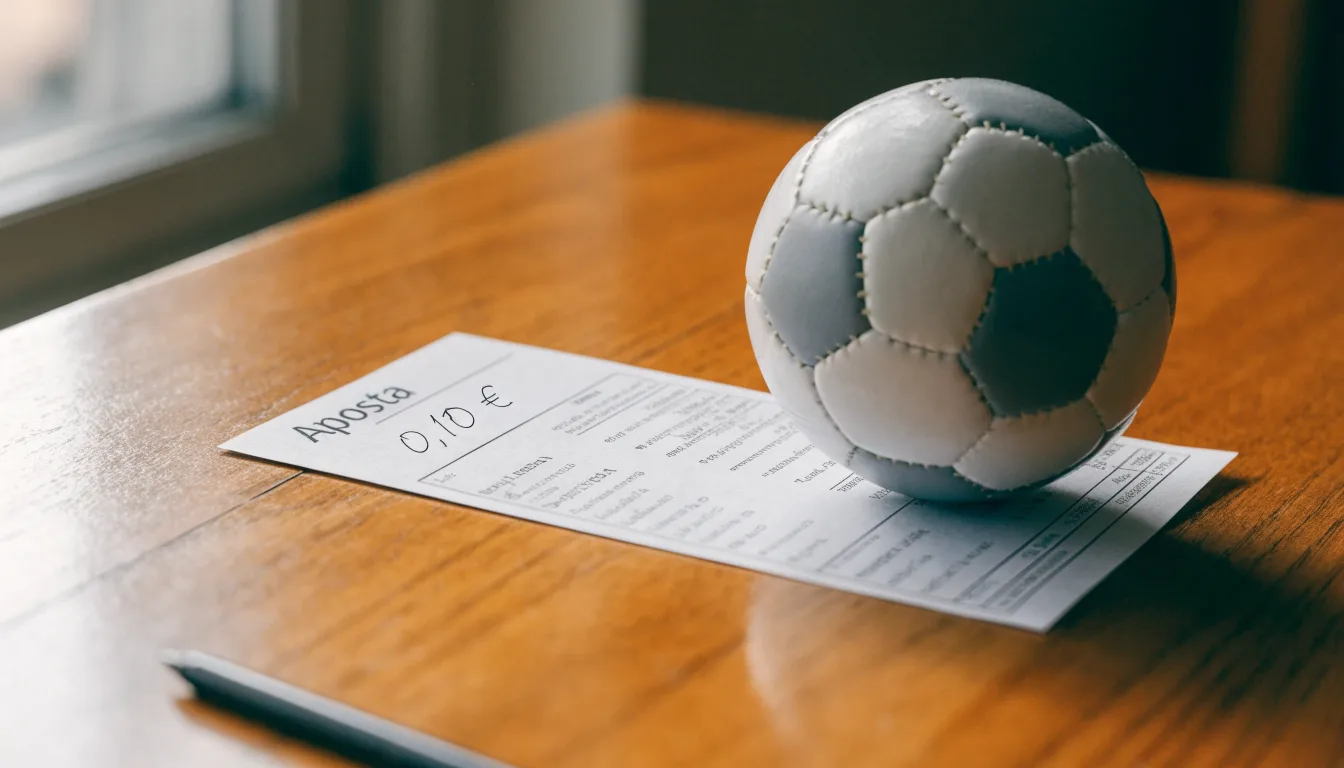 Uma bola de futebol pousada sobre um talão de apostas em branco numa mesa de madeira, à luz do dia