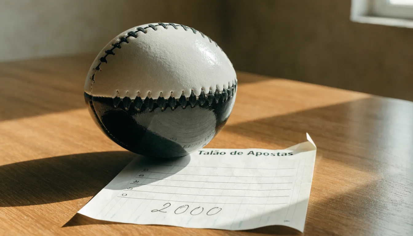 Uma bola de futebol pousada sobre um talão de apostas em branco numa mesa de madeira, à luz do dia